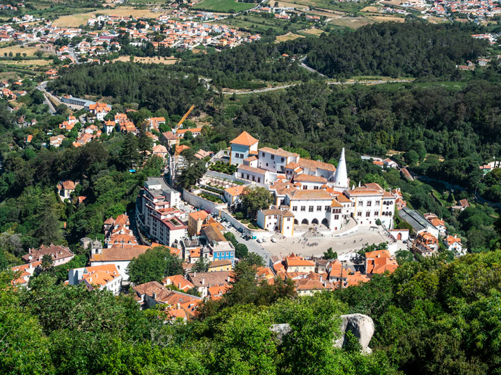 Birds-eye view of Sintra town center from Moorish Castle walls during 1 day Sintra itinerary