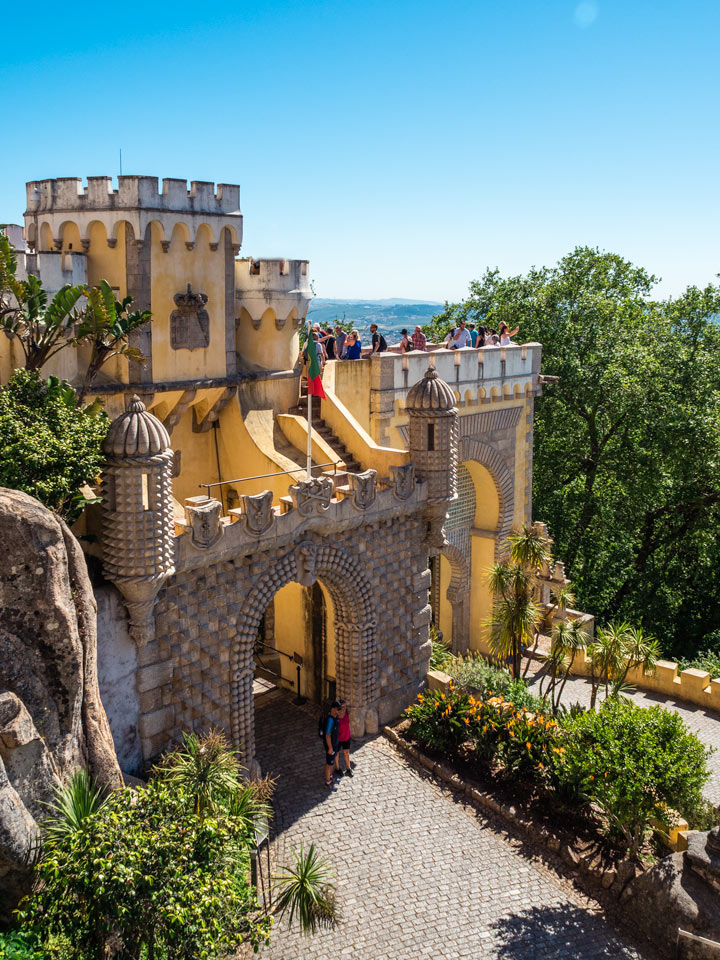 Pena Palace yellow tower and gate viewed from above