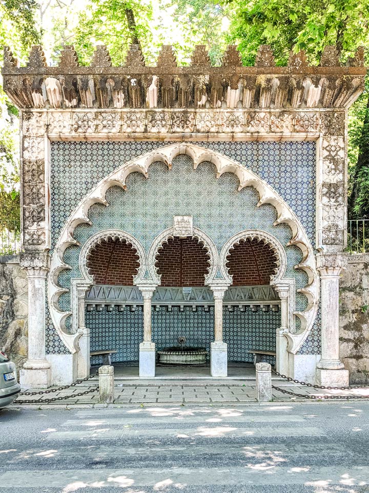 Blue and white tile water fountain and rest stop in Sintra Portugal