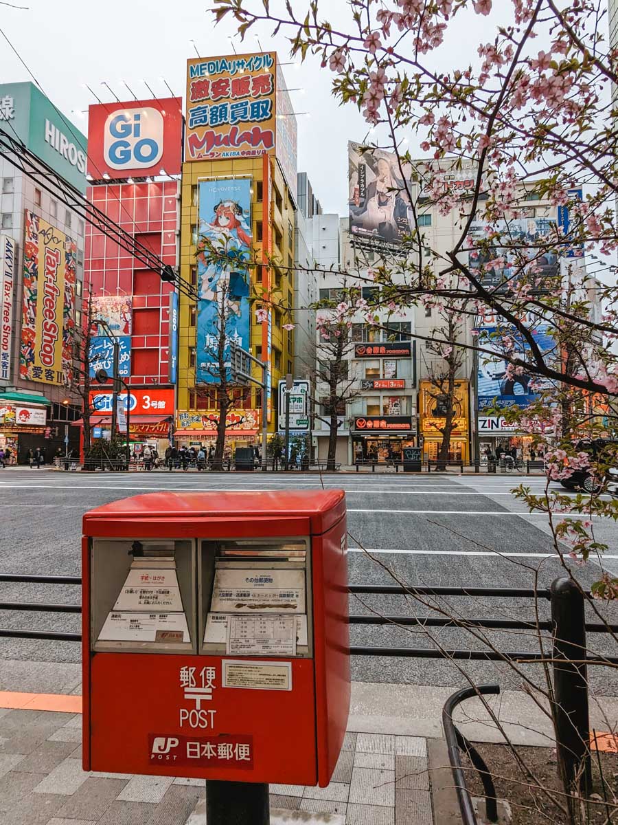 Japanese post box and cherry blossom tree in front of colorful stores and arcades in Akihabara.
