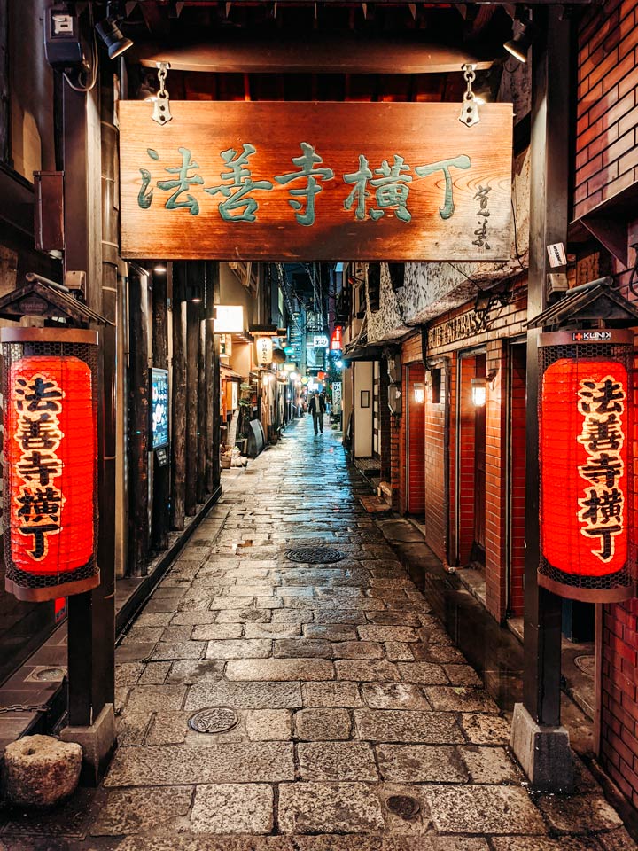 Osaka alley at night with red lanterns and stone path.