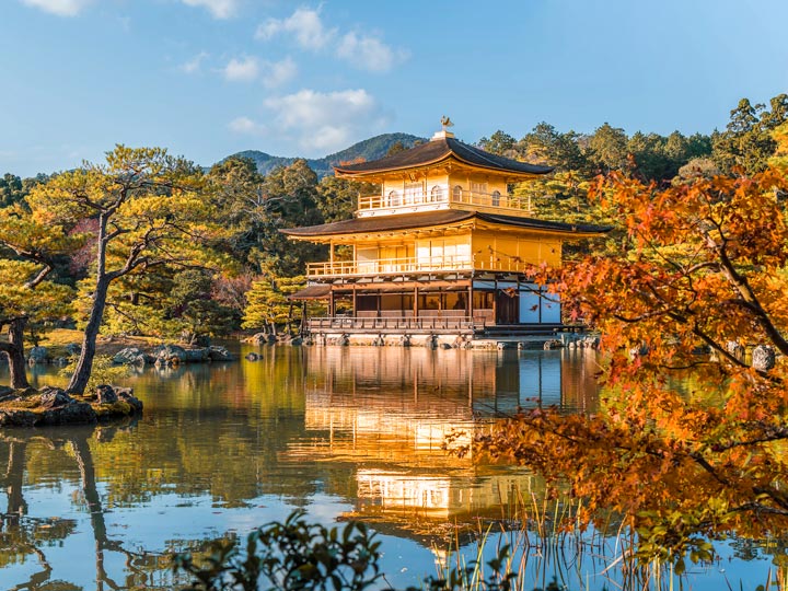 Gold Kinkakuji temple reflecting in pond surrounded by autumn trees.