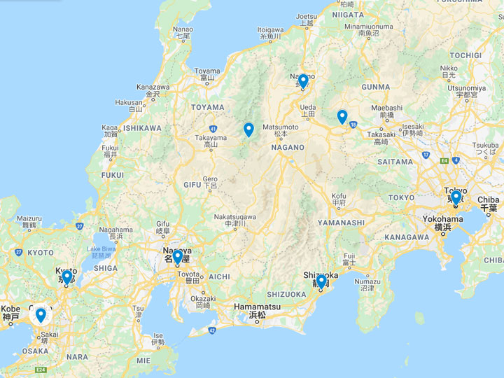 Google Maps snapshot of 10 day Japan itinerary