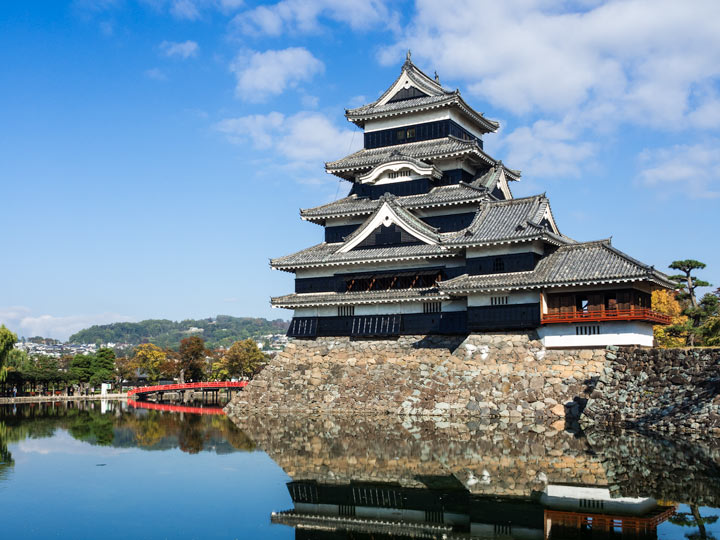 Matsumoto Castle and reflecting pond against blue sky.