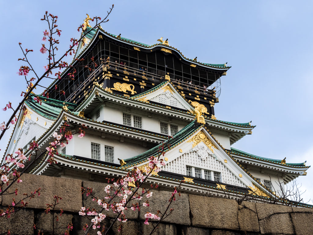 Side exterior view of Osaka Castle with pink cherry blossom branches in foreground.