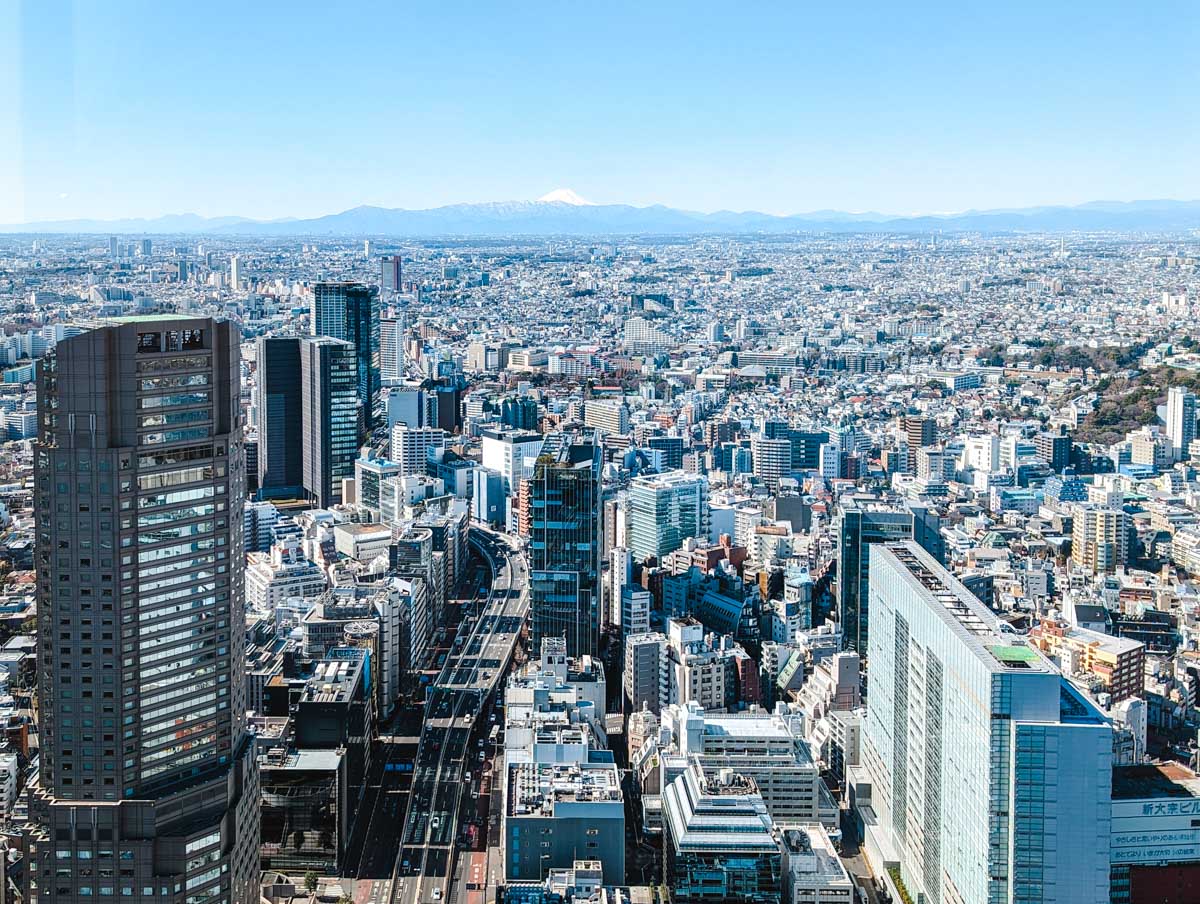 Panoramic view over Tokyo city and skyscrapers with Mt Fuji in the distance.