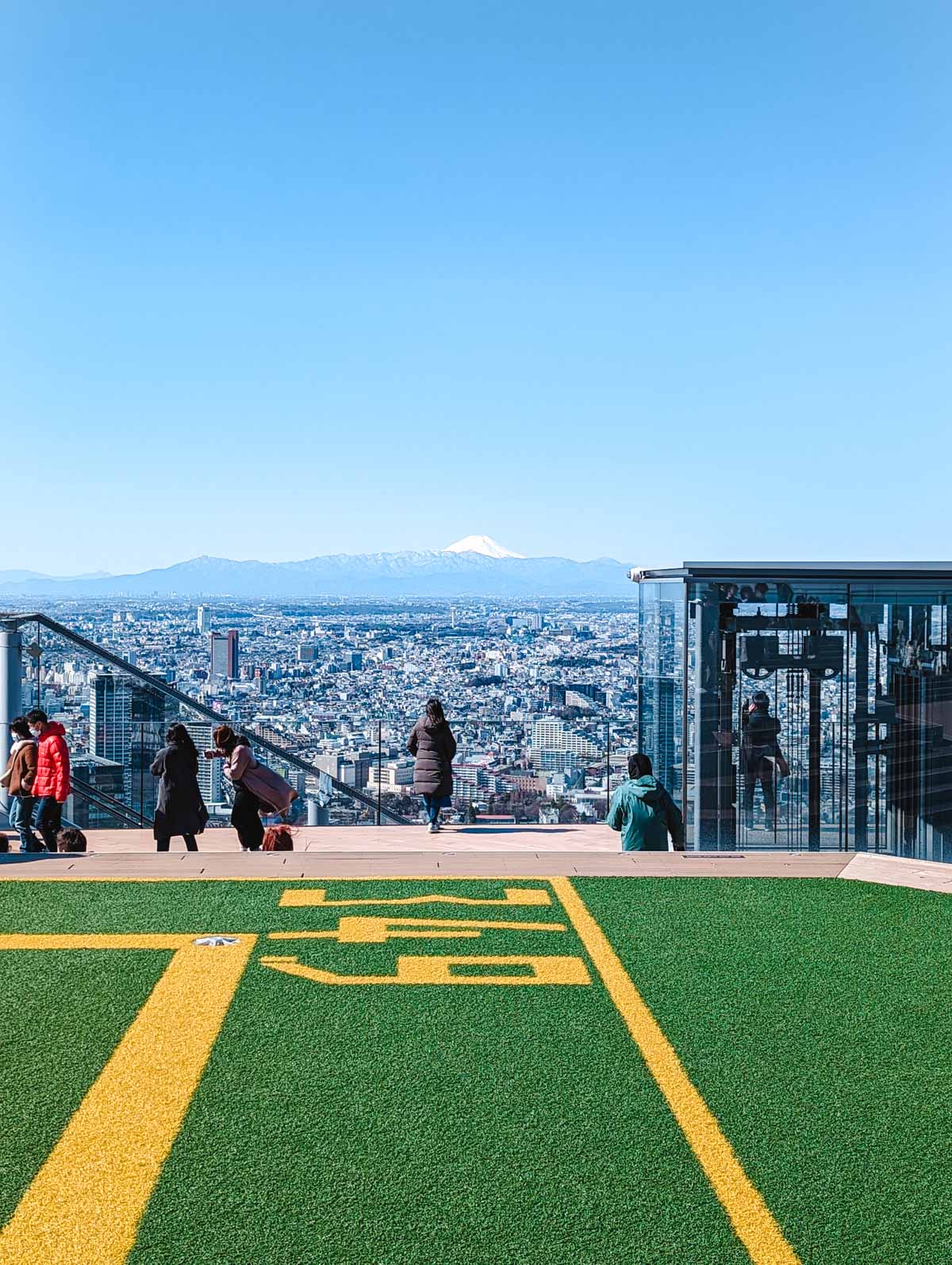 View of Mt Fuji and Tokyo city from rooftop deck of Shibuya Sky.