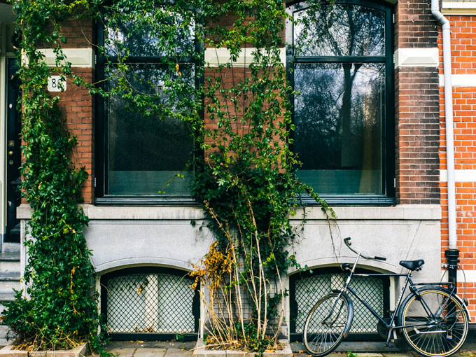 Bicycle leaning against facade of brick house with ivy.