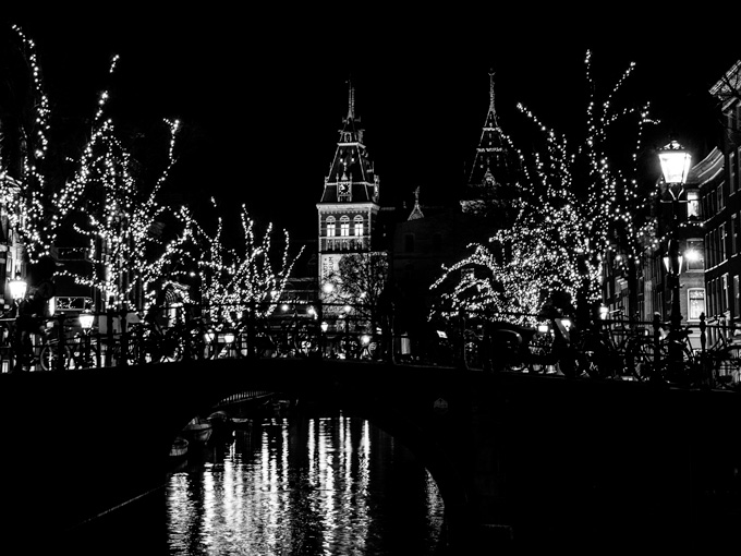 View of Rijksmuseum at night.