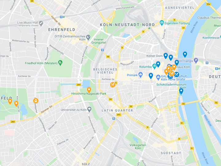 Google Map snapshot of 2 days in Cologne itinerary.