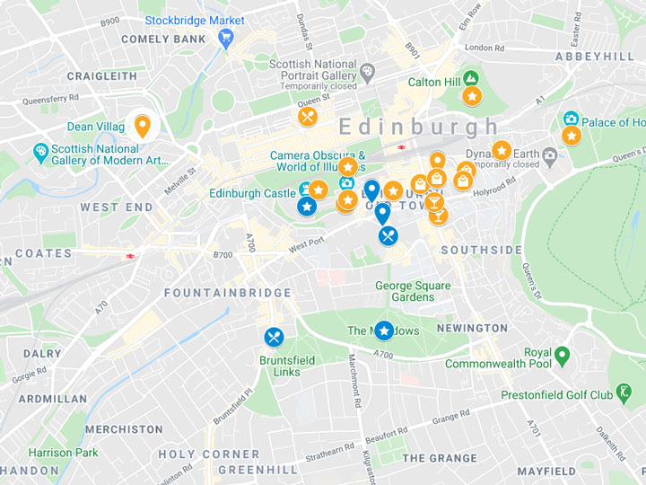 Google Maps snapshot of 2 days in Edinburgh itinerary map.