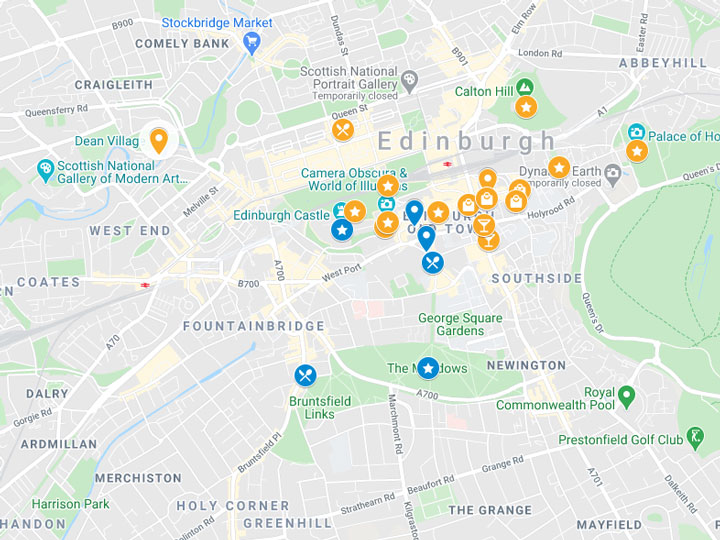 Google Maps snapshot of 2 days in Edinburgh itinerary map