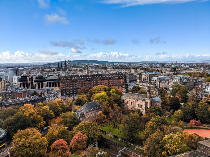 Autumn view of Edinburgh Scotland skyline from castle.