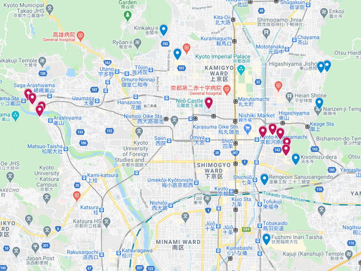 Google Maps snapshot of 2 days in Kyoto itinerary map.