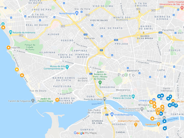 Google Maps snapshot of 2 days in Porto itinerary map.