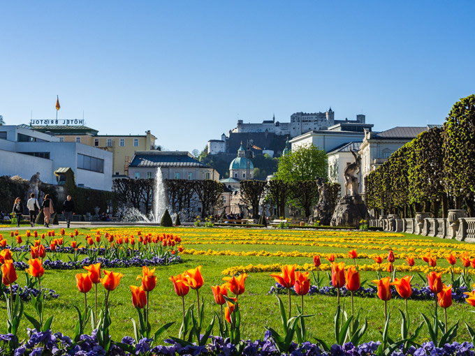 2 Days in Salzburg Itinerary - tulips view of Mirabell Gardens.