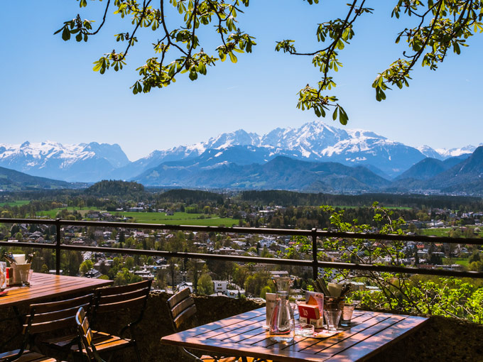 Hohensalzburg cafe view of mountains.