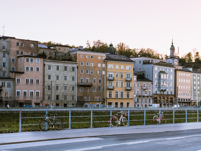 View of Salzburg Old Town facades from across the river.