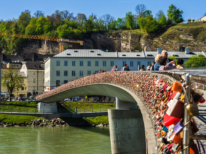 Salzburg love lock bridge spanning the Salzach river.