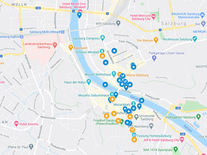 Google Maps snapshot of 2 days in Salzburg itinerary map.