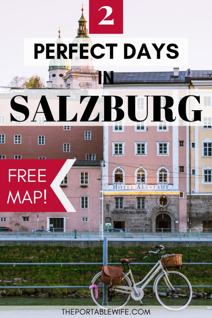 Text overlay - "2 Days in Salzburg Itinerary with Free Map", with image of Salzburg Old Town with vintage bike