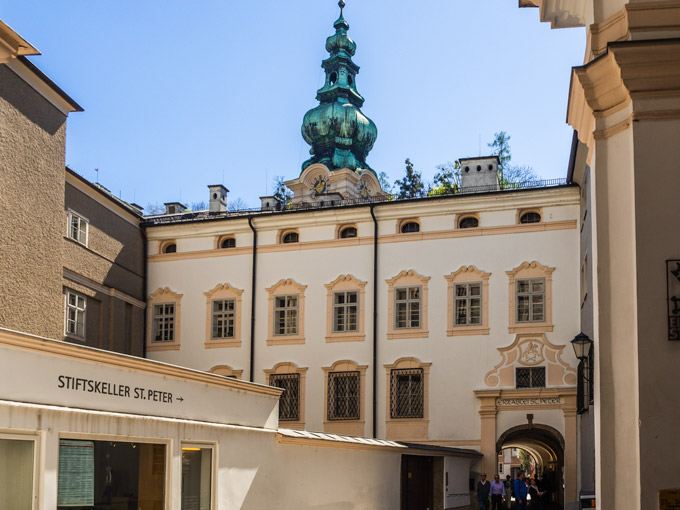 View of St. Peter's Monastery facade and tower.