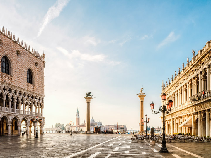 Piazza San Marco Venice at sunrise without people.