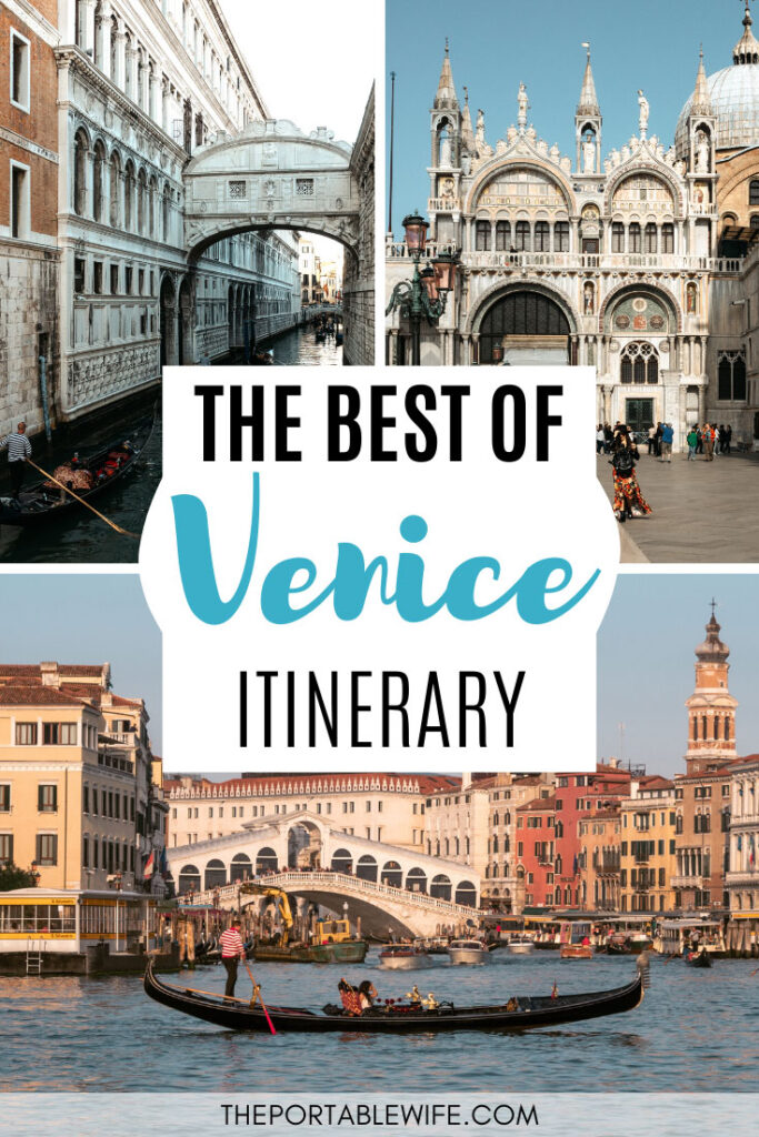 The best of Venice itinerary 2 days - collage Bridge of Sighs, Doge's Palace, Grand Canal with gondola and Rialto Bridge view