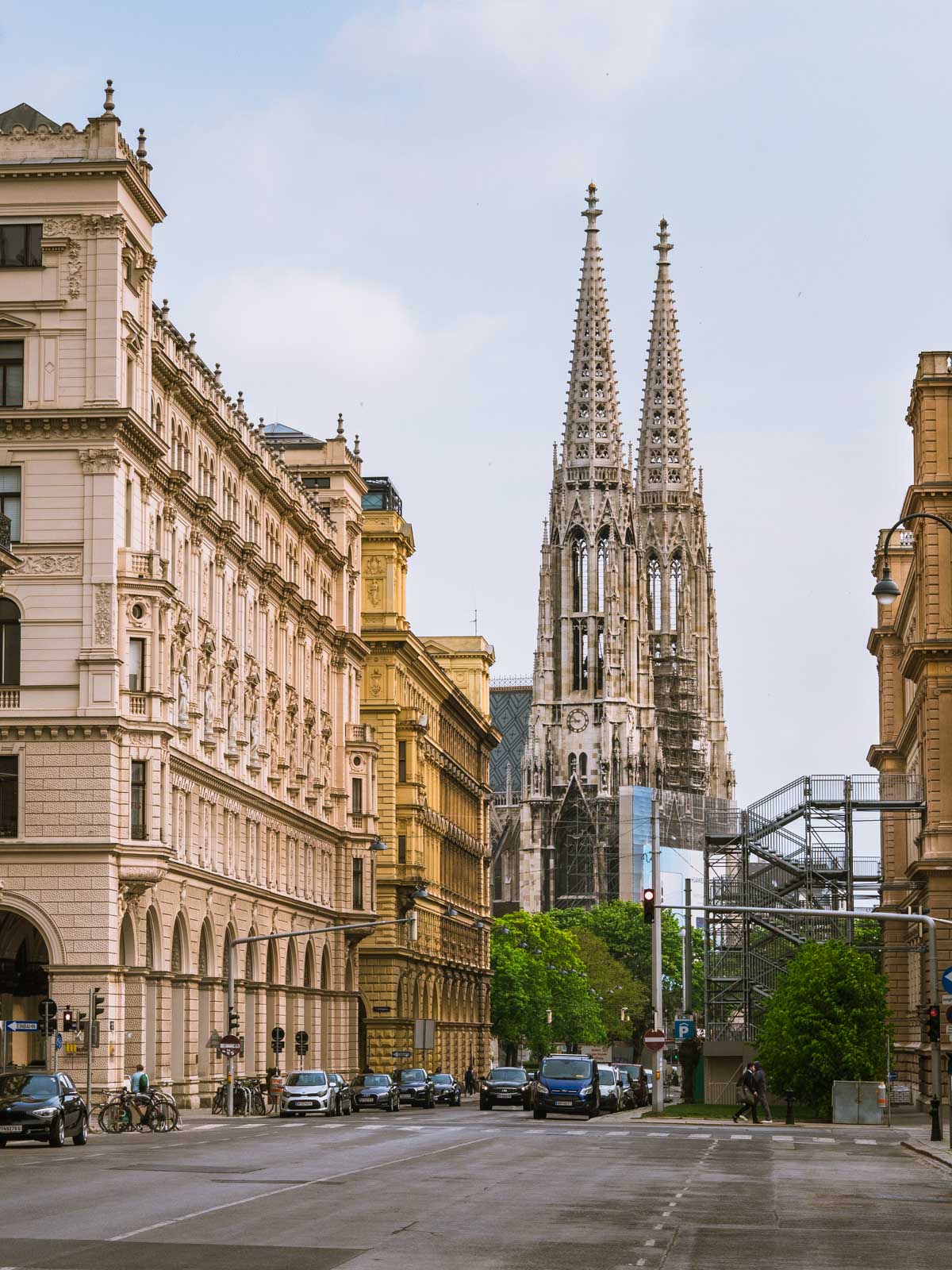 Street in Vienna with view of St. Stephen's Cathedral towers in distance.