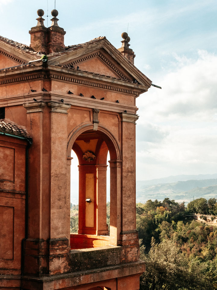 Pink balcony with views over the surrounding hills of the Sanctuary of the Madonna di San Luca
