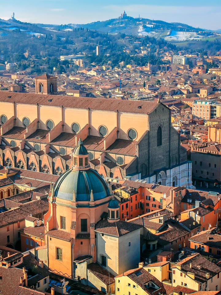 Panoramic view over central Bologna from the top of Tower of Asinelli.