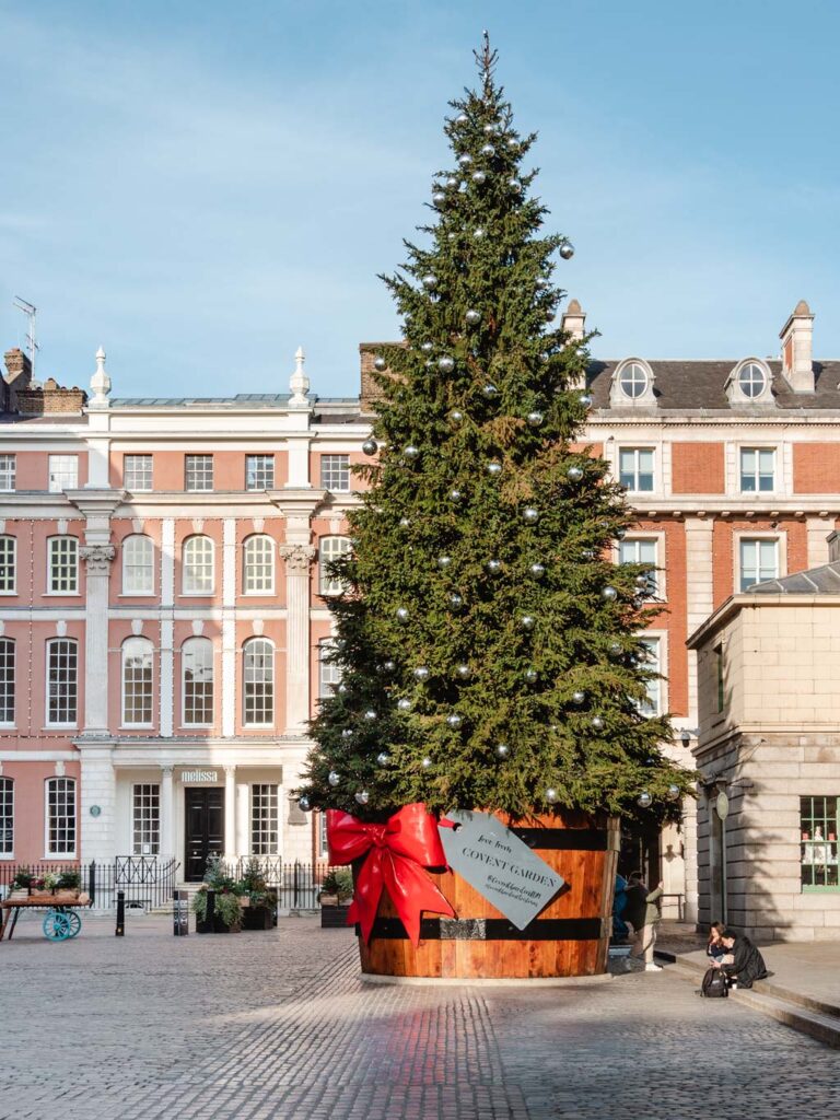 Large Christmas tree in wooden bucket standing in Covent Garden courtyard in front of pink buildings.