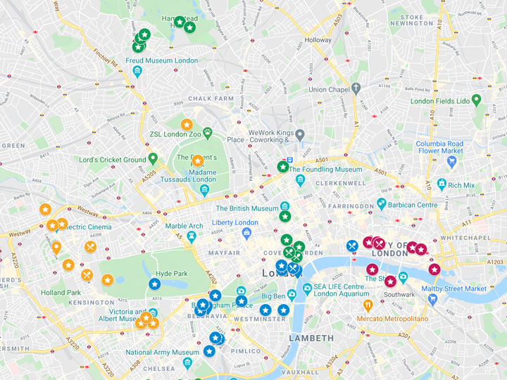 Google Maps snapshot of 4 days in London itinerary map.