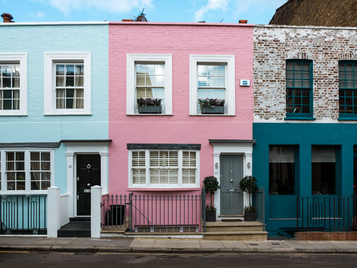 Pink and blue Notting Hill homes in London.