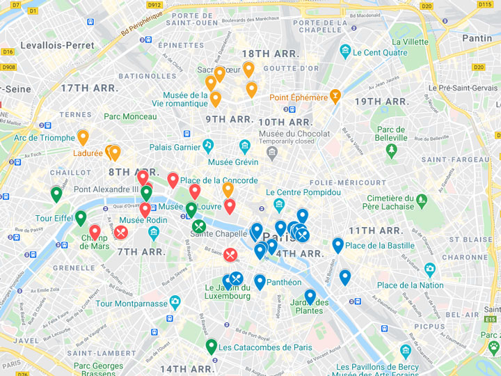 Google Maps snapshot of 4 days in Paris itinerary map.