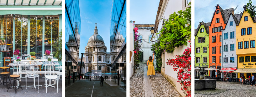 Paris Cafe. St. Paul's Cathedral with blue sky. Alleyway with girl in yellow dress. Multi-colored houses in Germany.