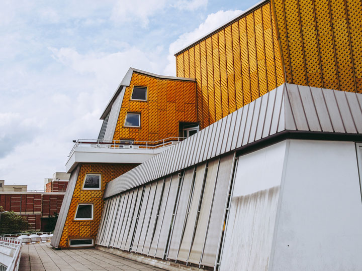 Berliner Philharmonie white and orange exterior.