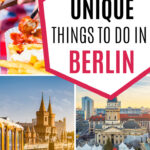13 Unique things to do in Berlin - collage of currywurst, yellow train, and Berlin market aerial view