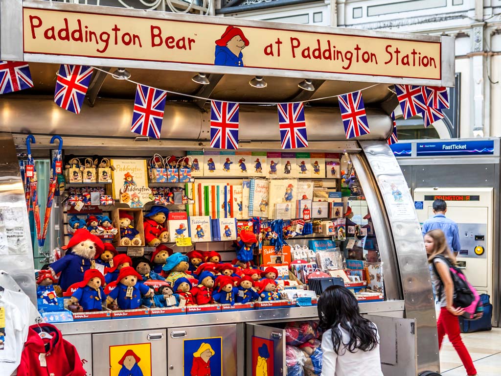 Paddington Bear store with stuffed bear toys and souvenirs.