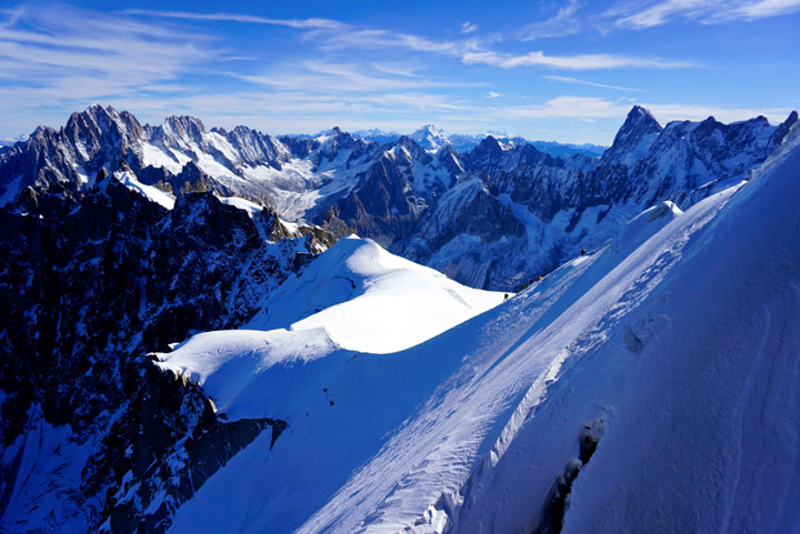 Snowy mountains on sunny day in Chamonix, a popular winter holiday destinations in Europe for skiers.