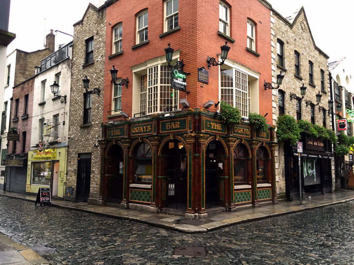 Corner view of The Quays Bar exterior in Dublin, one of the top European cities to visit in winter.