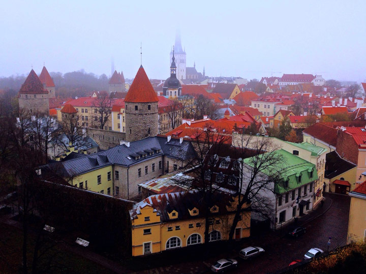 Aerial view of Tallinn in winter with fog.