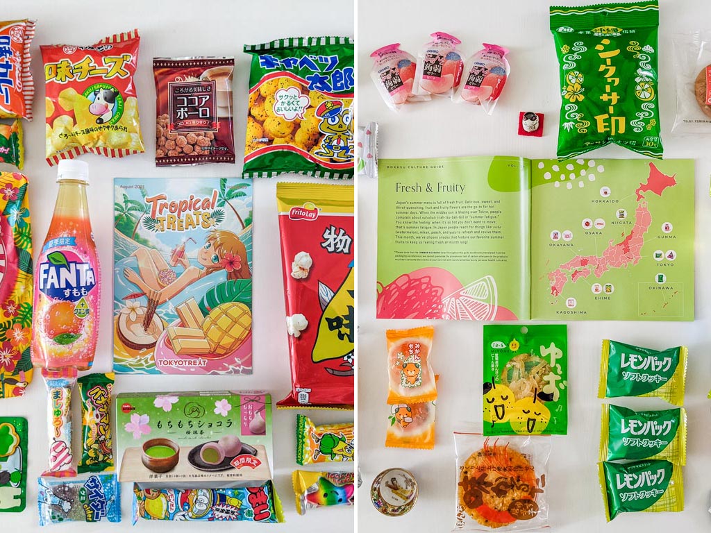 Flat lay of various Japanese snacks with colorful packages on white table.