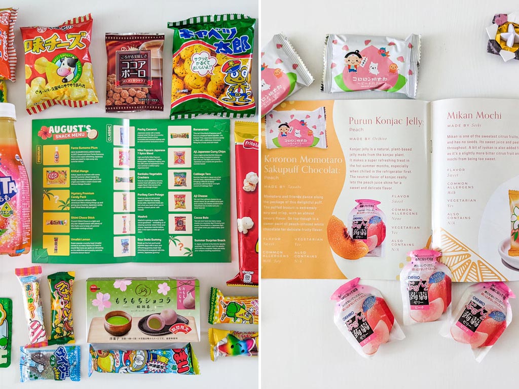 Flat lay of TokyoTreat vs Bokksu snack guides with various snacks surrounding open pages.