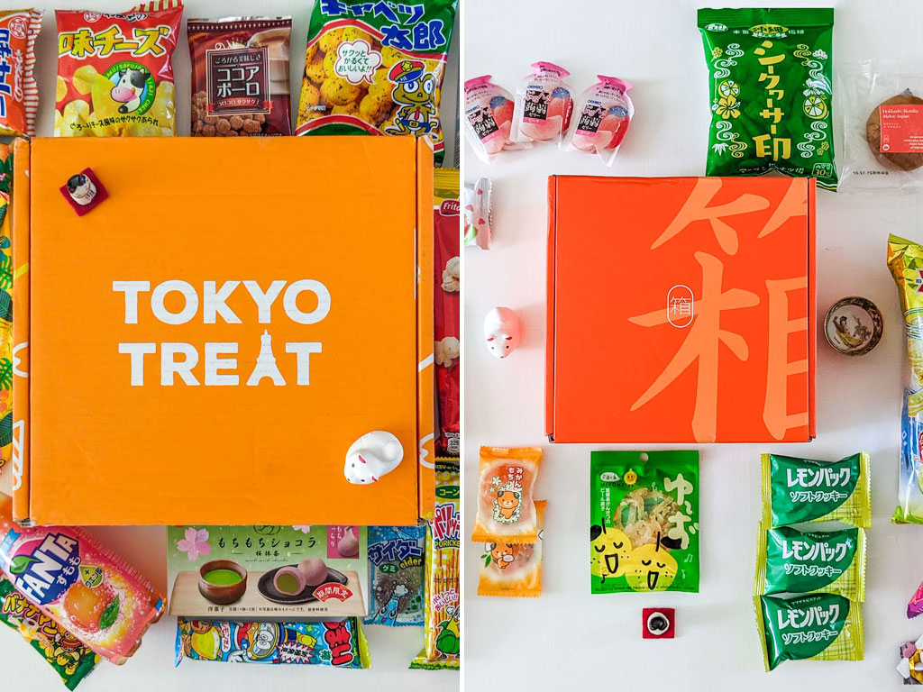 Split image of closed TokyoTreat box and Bokksu box surrounded by snack packages.