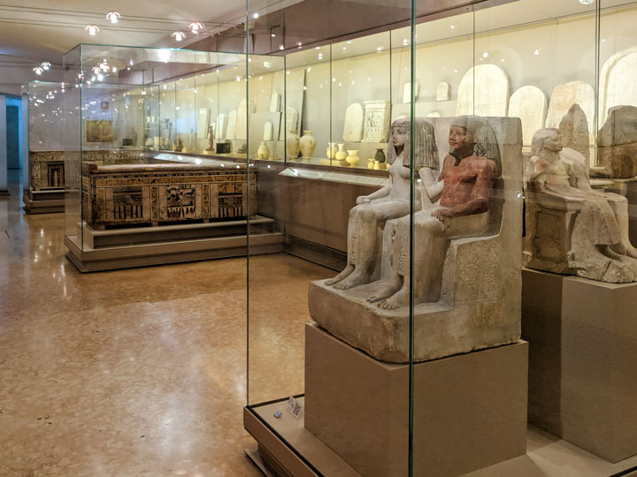 Egypt statue display inside Bologna Museum of Archaeology.