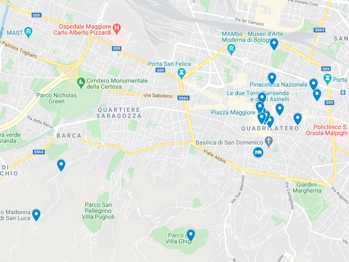 Google Maps snapshot of Bologna sightseeing spots.