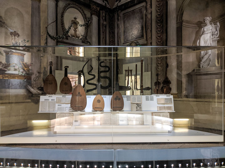 Musical instrument display case at the Bologna Museo Internazionale e Biblioteca della Musica