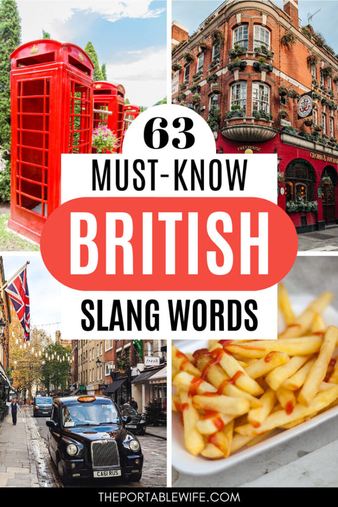Collage of phoneboxes, pub, cab, and chips, with text overlay - "63 must-know British slang words".
