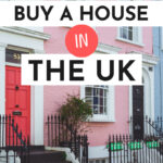 Pink and blue row homes with text overlay - "how to buy a house in the UK".